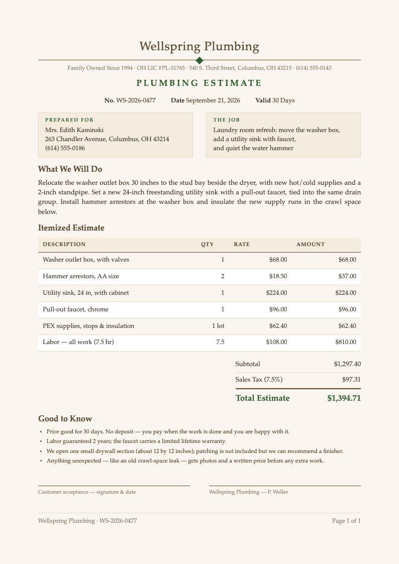 Warm beige plumbing estimate